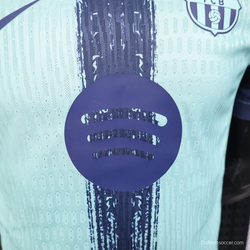 Player Version 25/26 Barcelona Blue 125Th Anniversary Mint Green Jersey with Navy Blue Stripe and Spotify Sponsor