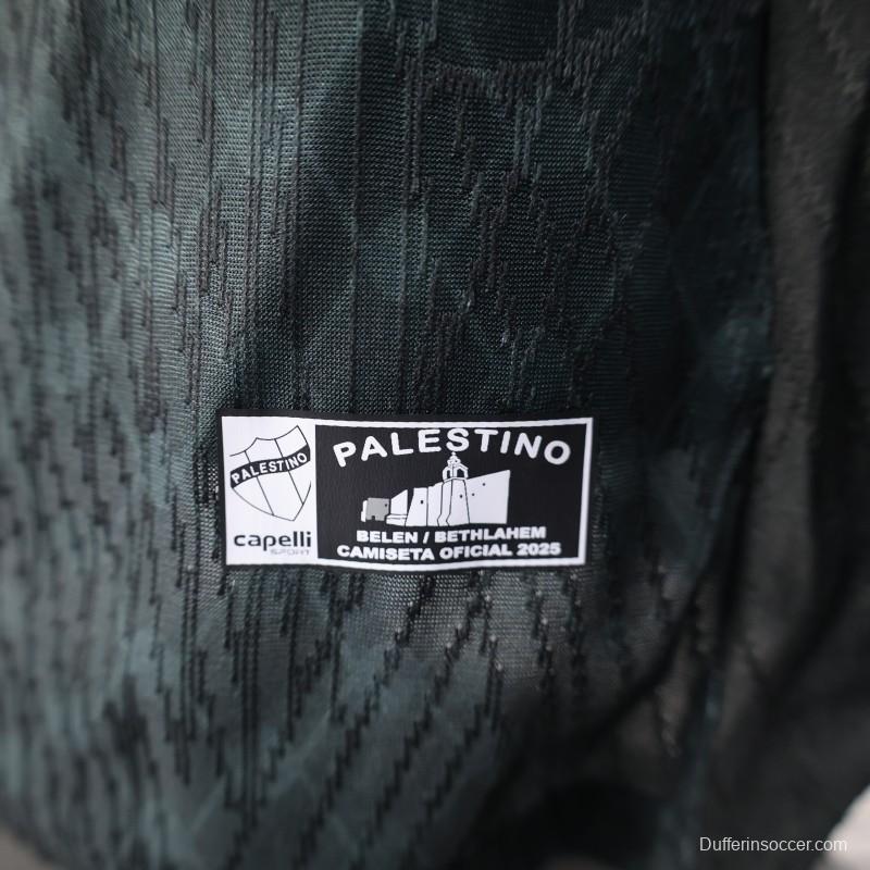 Player Version 25/26 CD Palestino Away Black Jersey with Red-Green Stripes and Bank of Palestine Sponsor