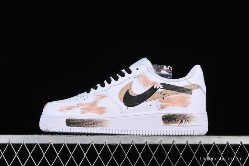 Nike Air Force 1 '07 Low Casual Sneakers with Anime-Inspired Hand-Painted Design, Broken Swoosh Shadow Effect, Brown/Black - CW2288-111