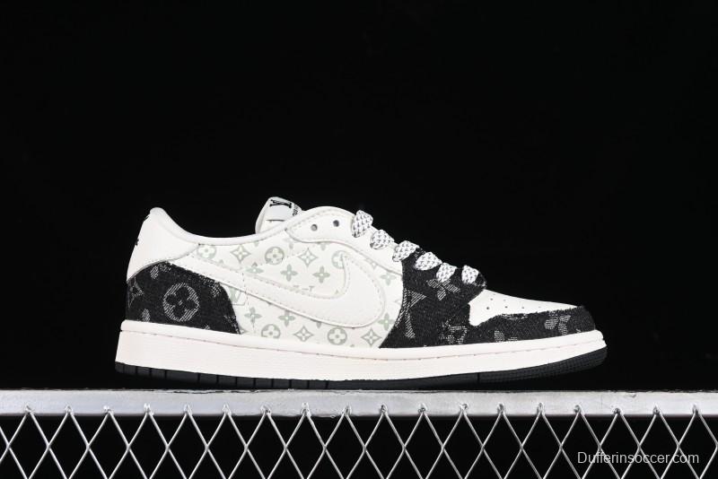 Nike Travis Scott x Fragment Design x Jordan Air Jordan 1 Low OG SP AJ1 LV Black Denim Print Low-Top Casual Sneakers - SJ2068-008