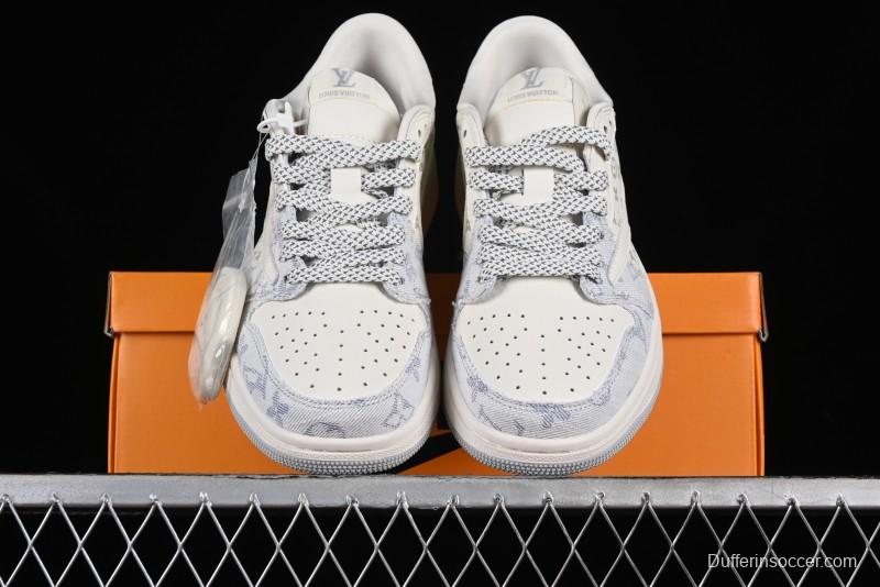 Nike Air Jordan 1 Low OG SP Travis Scott x Fragment Design LV Washed Blue Denim Casual Sneakers - SJ2068-007
