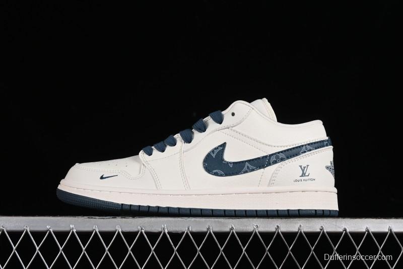 Nike Air Jordan 1 Low LV Collaboration - White with Blue Swoosh Custom Casual Sneakers - WG8850-005