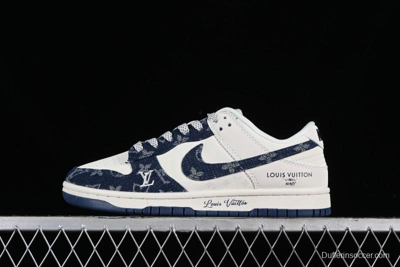 Nike SB Dunk Low LV Collaboration - Dark Blue Denim Anniversary High-End Custom Low-Top Casual Skate Shoes - XP3802-335