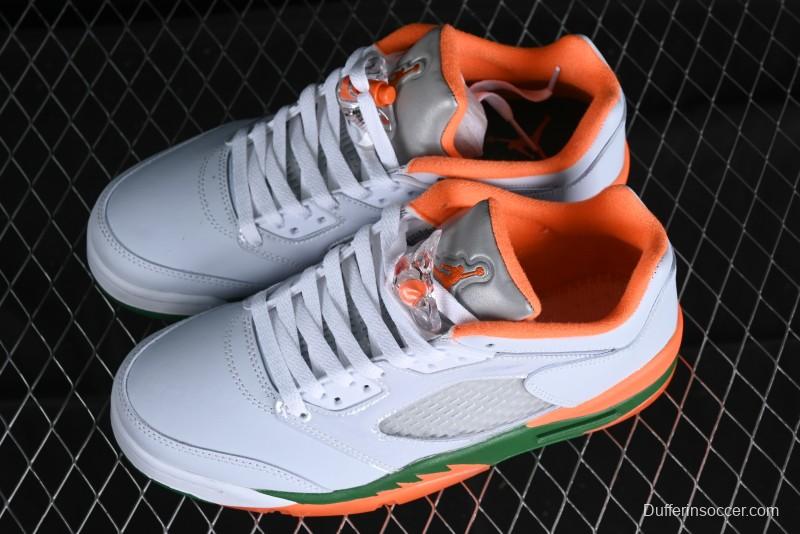Nike Air Jordan 5 Retro Low AJ5 Sneakers in Football Grey with Vivid Orange and Pine Green Accents - FQ1293-018