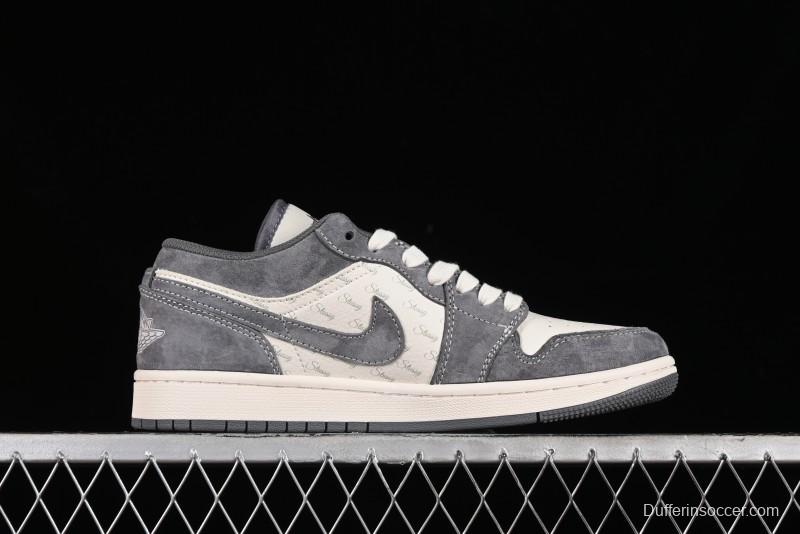 Nike Air Jordan 1 Low AJ1 Stussy Collaboration - Grey Pigskin Custom Low-Top Basketball Shoes - SJ9950-010