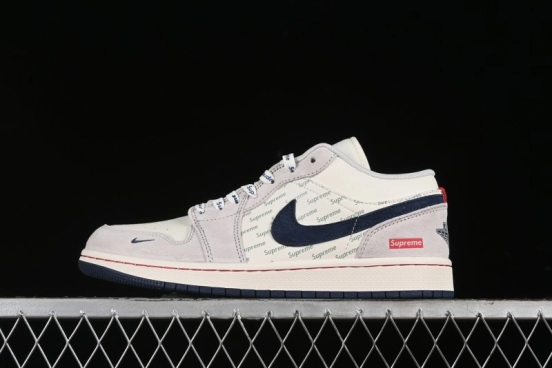 Nike Air Jordan 1 Low Supreme Collaboration - Pig Grey Print Custom Retro Basketball Shoes - LJ6688-009