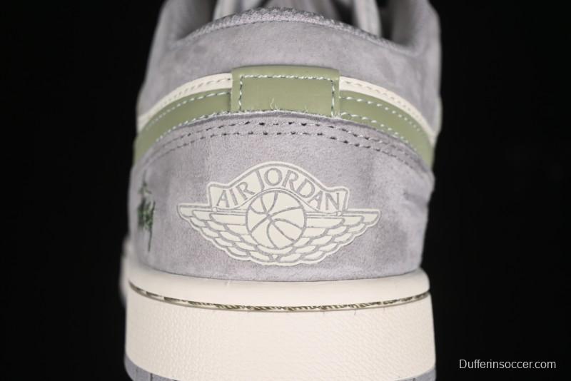 Nike Air Jordan 1 Low Stussy Collaboration - Light Green Elegant Grey Retro Basketball Shoes - WG8850-016