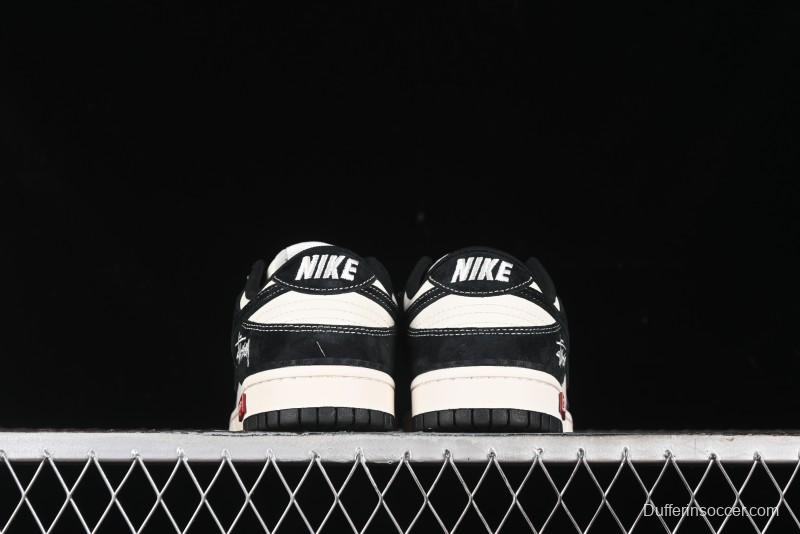 Nike SB Dunk Low Supreme x Stussy Triple Collaboration - Black White Black Swoosh Anniversary Custom Low Top Casual Skate Shoes - SJ2068-300