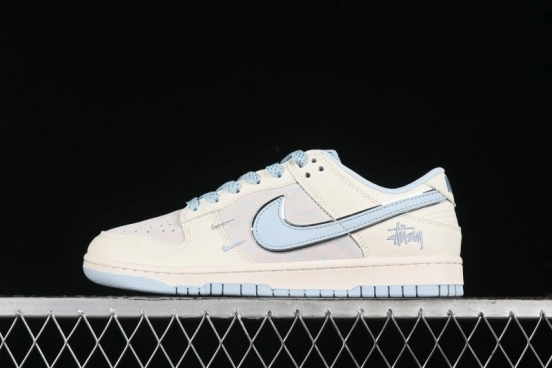 Nike SB Dunk Low Stussy Collaboration - Double Swoosh Ice Blue Anniversary Custom Low-Top Casual Skate Shoes - XX2026-101