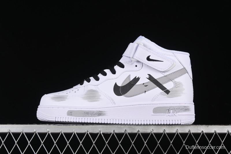 Nike Air Force 1 '07 Mid Casual Sneakers in White/Grey/Black with Hand-Painted Cracked Swoosh Shadow Detail - CW2289-111