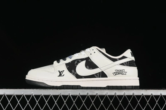 Nike SB Dunk Low LV Collaboration - Beige Black Printed Denim Anniversary High-End Custom Low-Top Casual Skate Shoes - XB3802-357