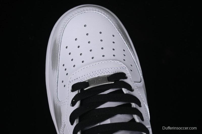 Nike Air Force 1 '07 Mid Casual Sneakers in White/Grey/Black with Hand-Painted Cracked Swoosh Shadow Detail - CW2289-111