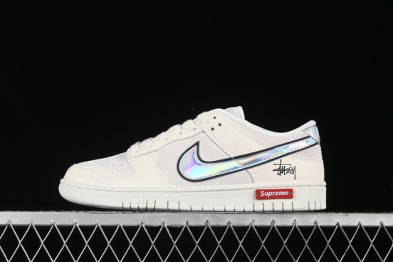 Nike SB Dunk Low Supreme x Stussy Triple Collaboration - Beige Silver Swoosh Anniversary Custom Low-Top Casual Skate Shoes - KK1333-005