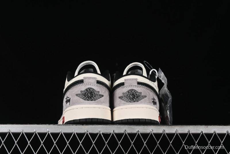 Nike Air Jordan 1 Low Stussy Collaboration - Grey Black Red Label Retro Basketball Shoes - SJ9950-034
