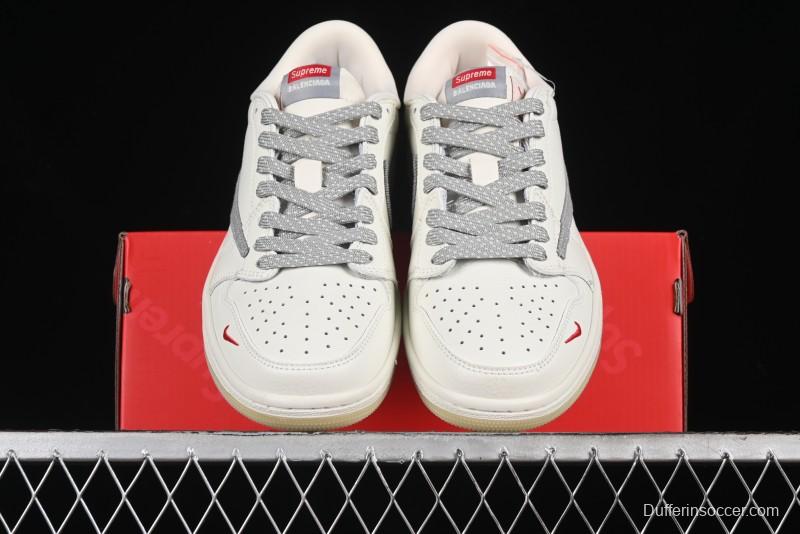 Nike Travis Scott x Fragment Design x Air Jordan 1 Low OG SP AJ1 Supreme Collaboration - Light Grey Denim Two-Tone Low-Top Casual Sneakers - JH6088-705