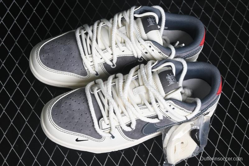Nike SB Dunk Low Stussy Collaboration - Lace-Up Grey White Grey Check Anniversary High-End Custom Low-Top Casual Skate Shoes - YX5066-207