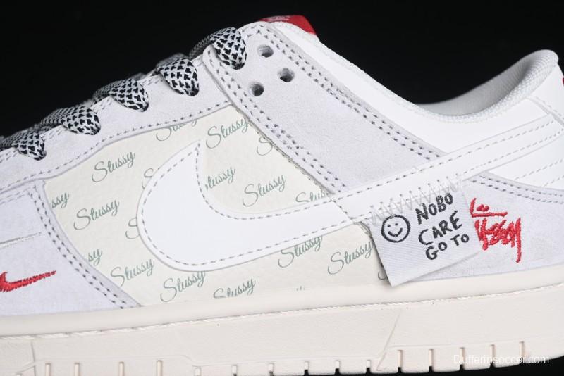Nike SB Dunk Low Stussy Collaboration - Patchwork Grey White Swoosh Anniversary Custom Low-Top Casual Sneakers - YX5066-218