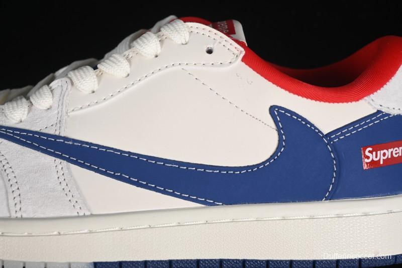 Nike Travis Scott x Fragment Design x Air Jordan 1 Low OG SP AJ1 Supreme Collaboration - Blue White Colorway Low Top Casual Sneakers CH6336-016