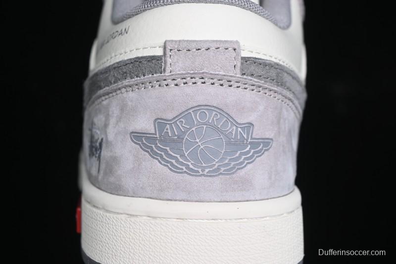 Nike Air Jordan 1 Low Stussy Collaboration - Grey White Dual-Tone Red Tag Retro Basketball Shoes - SJ9950-031