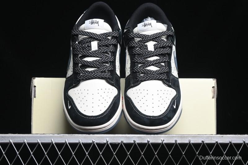 Nike SB Dunk Low Stussy Collaboration - Black White Print Anniversary Custom Low-Top Casual Sneakers - XX3168-212