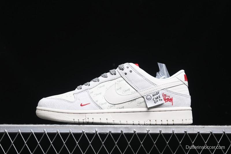 Nike SB Dunk Low Stussy Collaboration - Patchwork Grey White Swoosh Anniversary Custom Low-Top Casual Sneakers - YX5066-218