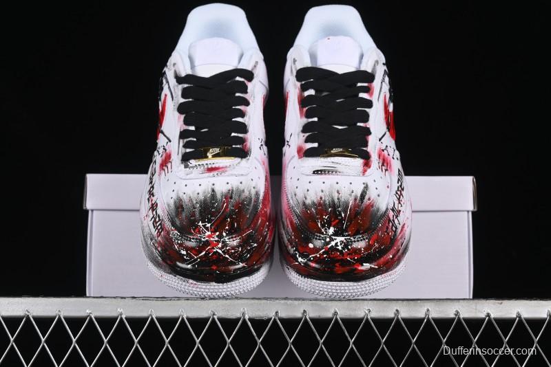 Nike Air Force 1 '07 Low Casual Sneakers with 2D Black and White Hand-Painted Blood Night Stitching Design - CW8822-011
