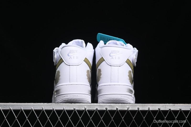 Nike Air Force 1 '07 Mid Hand-Painted Olive Green with Swoosh Shadow Strap Mid-Top Casual Sneakers - CW2289-111