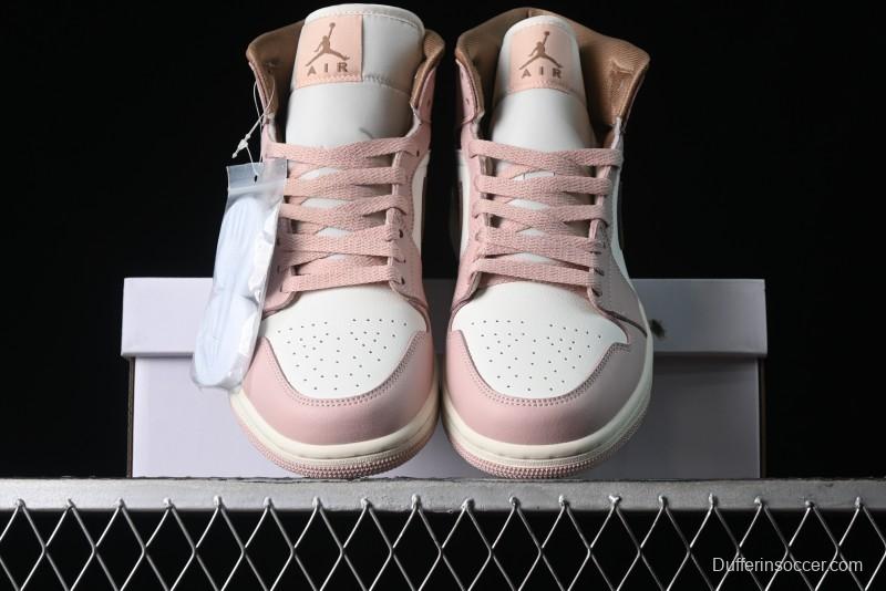 Nike Air Jordan 1 Mid AJ1 Basketball Shoes in Khaki Pink - BQ6472-620