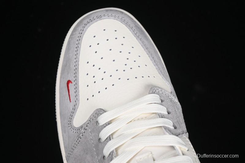 Nike Air Jordan 1 Low AJ1 Supreme Collaboration - White Grey Red Swoosh Retro Basketball Shoes - SJ9950-024