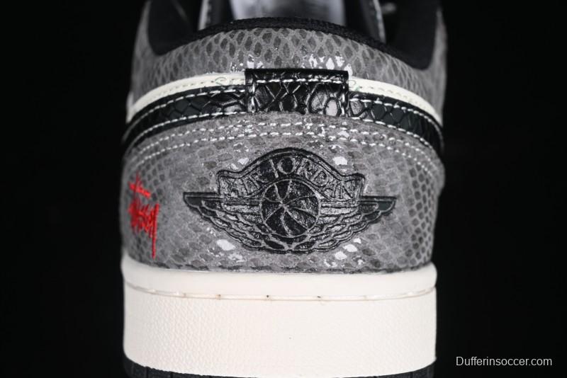 Nike Air Jordan 1 Low Retro Basketball Shoes with Custom Stussy Grey Snake Design - FC1688-202