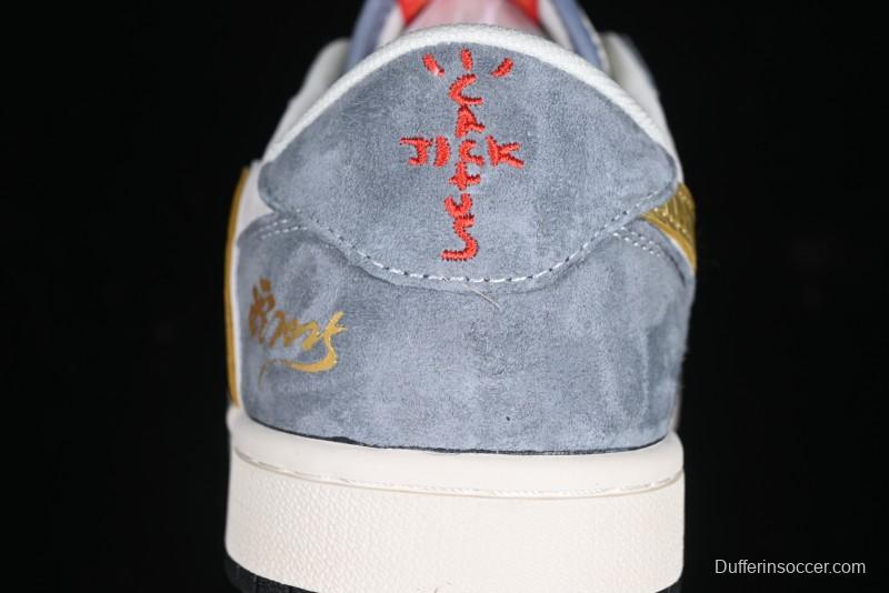 Nike Travis Scott x Fragment Design x Air Jordan 1 Low OG SP AJ1 Snake Year Limited Gold Snake Low-top Casual Sneakers - XZ2025-288