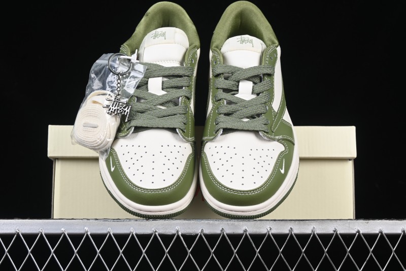 Nike Travis Scott x Fragment Design x Air Jordan 1 Low OG SP AJ1 Stussy Collaboration Bamboo Green Low-Top Casual Sneakers - BB1199-201