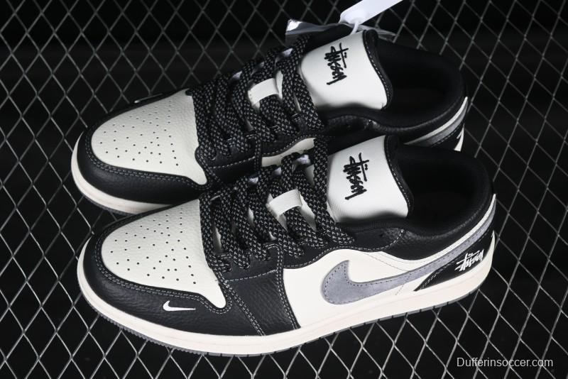 Nike Air Jordan 1 Low Stussy Collaboration Black Grey Swoosh Custom High-End Retro Basketball Shoes - XX3318-511