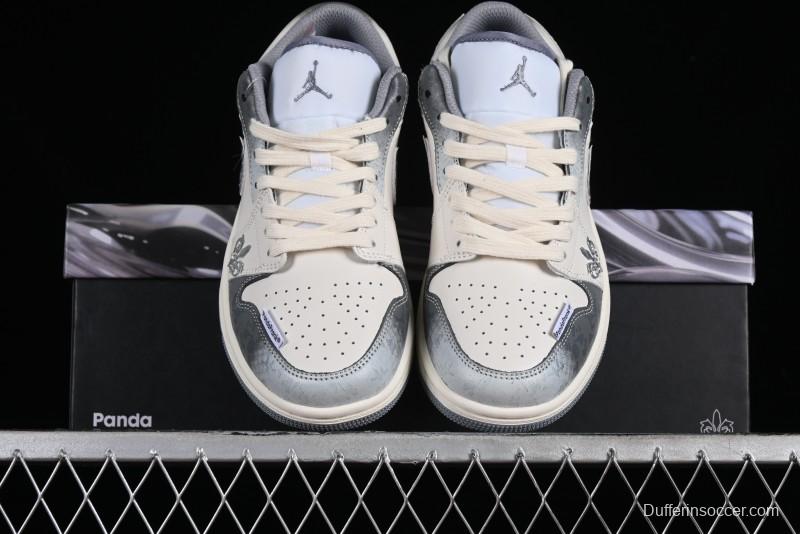 Nike Air Jordan 1 Low AJ1 Panda Prank Modern Gray Floral Low-Top Casual Sneakers - 553560-053