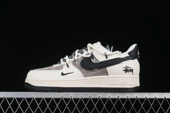 Nike Air Force 1 '07 Low Stussy Collaboration Beige Black Drawstring Casual Sneakers - SJ1198-109