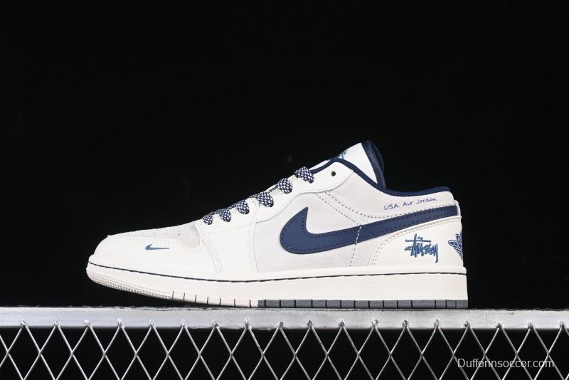 Nike Air Jordan 1 Low Stussy Collaboration - Light Grey Blue Hook Retro Basketball Shoes - SJ9950-046