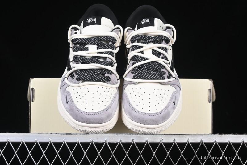 Nike Travis Scott x Fragment Design x Air Jordan 1 Low OG SP AJ1 Stussy Collaboration - Black Hook Dual-Tone Drawstring Low-Top Casual Sneakers - SJ0086-139