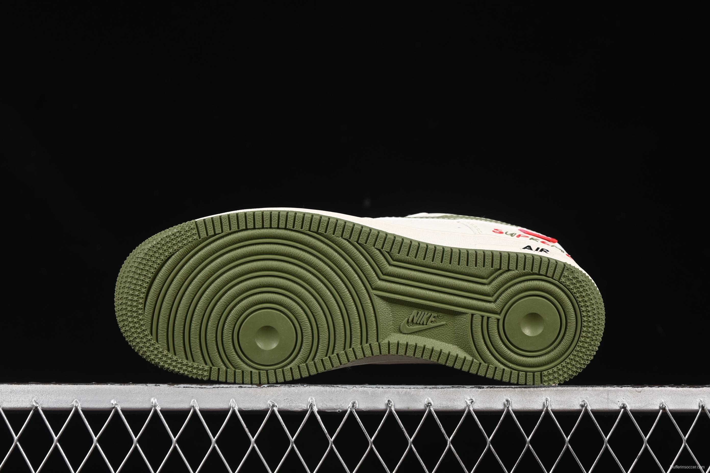 Nike Air Force 1 '07 Low Supreme Collaboration Military Green Red Logo Casual Sneakers - XS1958-566