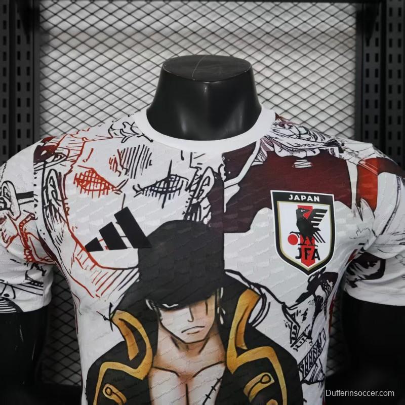 Player Version 2025 Japan White with One Piece Roronoa Zoro Character Jersey