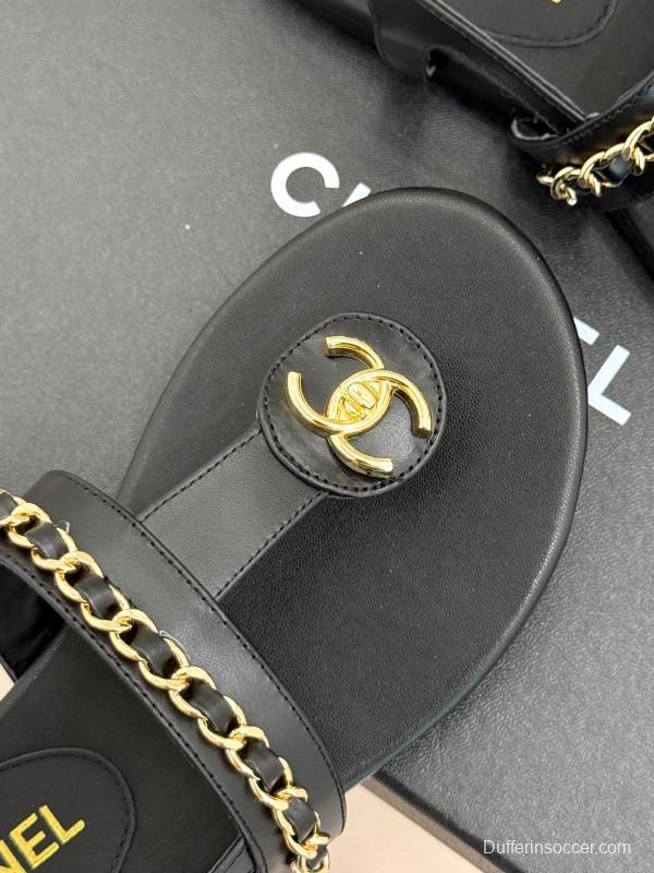 2025 Women Chanel Black Leather Sandals KFY00250