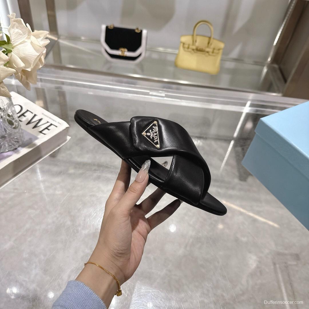 2025 Women Prada Black Leather Slippers