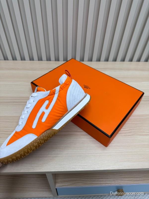 2025 Unisex Hermès Orange White Suede Nylon Sneakers Top Version LY00310