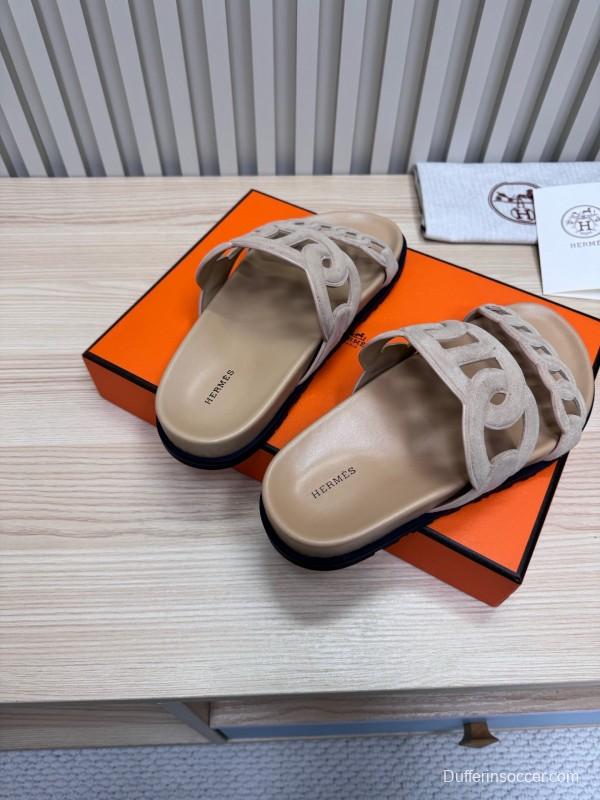 2025 Women Hermès Beige Suede Slippers