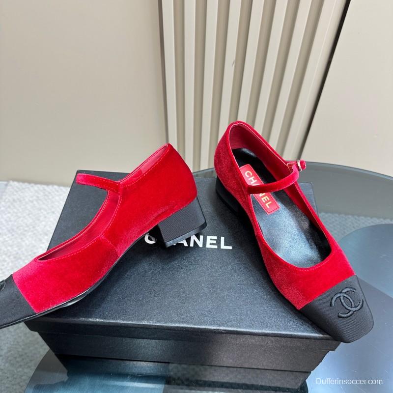 2025 Women Chanel Red Black Suede Leather Mary Jane Exclusive KFY00290