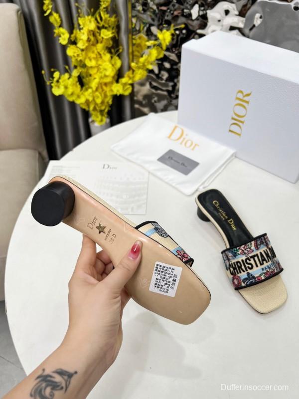 2025 Women Dior Black Beige Embroidery Mid Heel Slippers