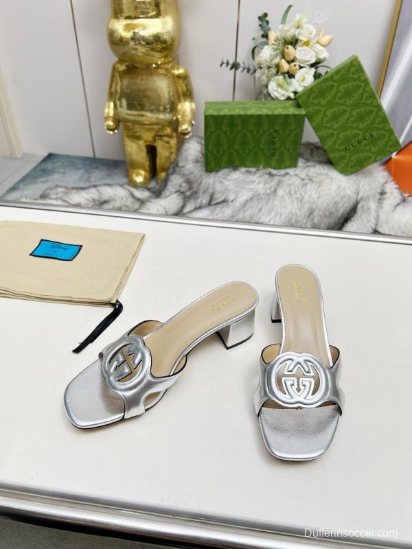 2025 Gucci Silver Leather Slippers MJ00190