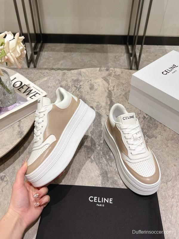 2025 Women Celine Beige White Leather Platform Sneakers