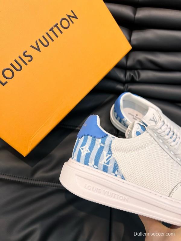 2024 Unisex Louis Vuitton White Blue Cow Leather Mesh Sneakers MJ00400