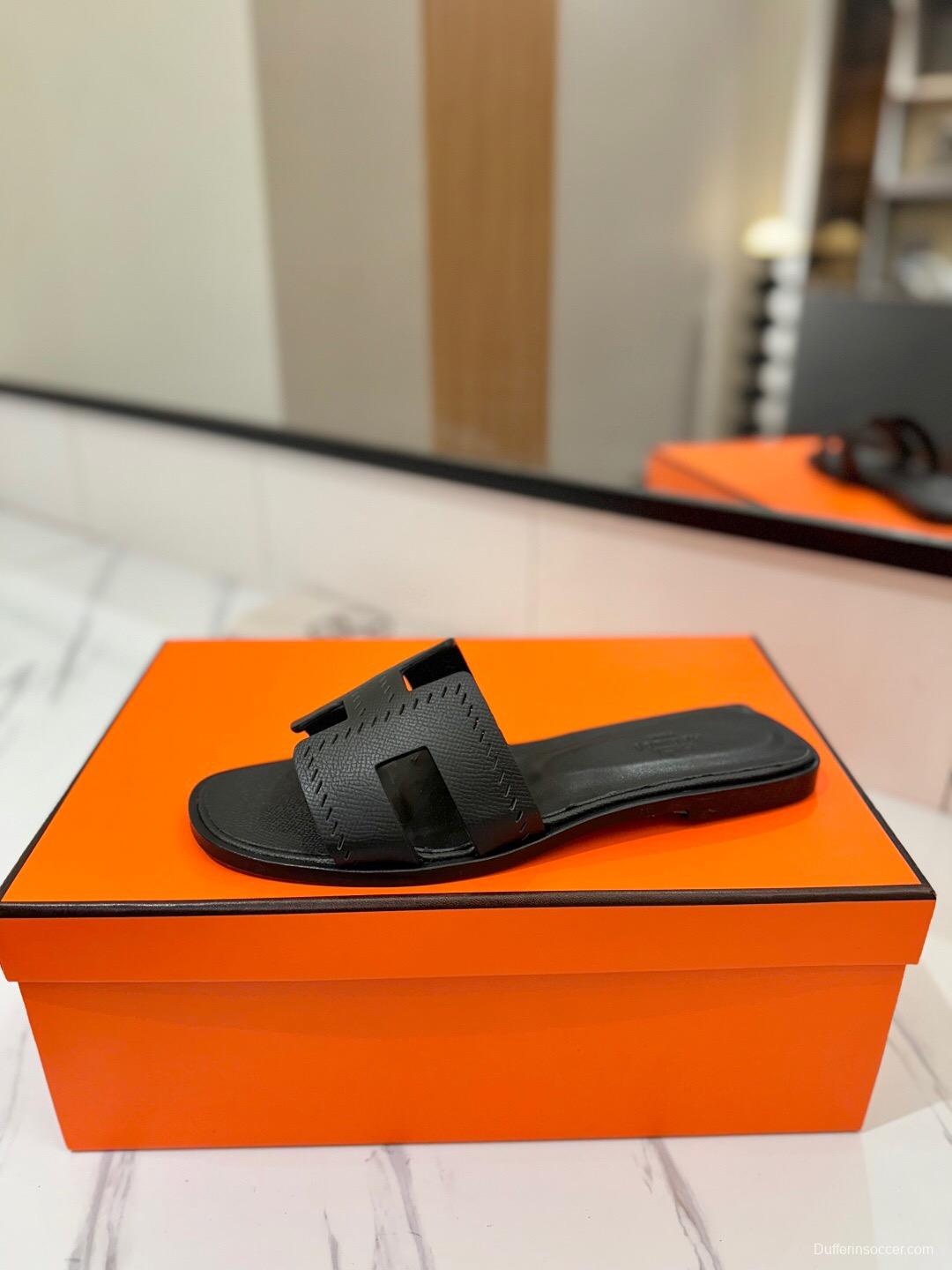 2025 Women Hermès Black Leather Slippers