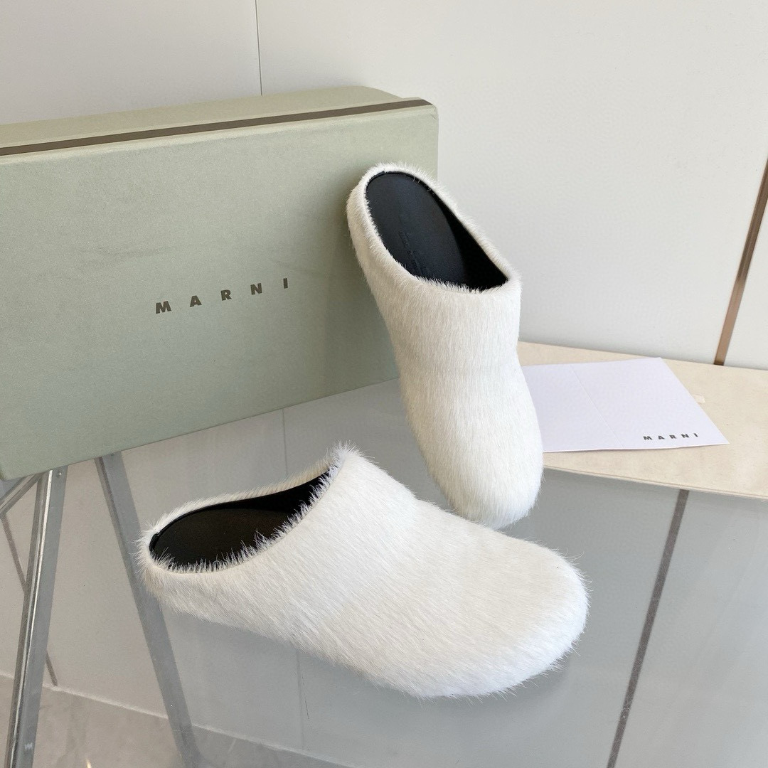 2024 Women Marni White Pony Hair Leather Mules MJ00320